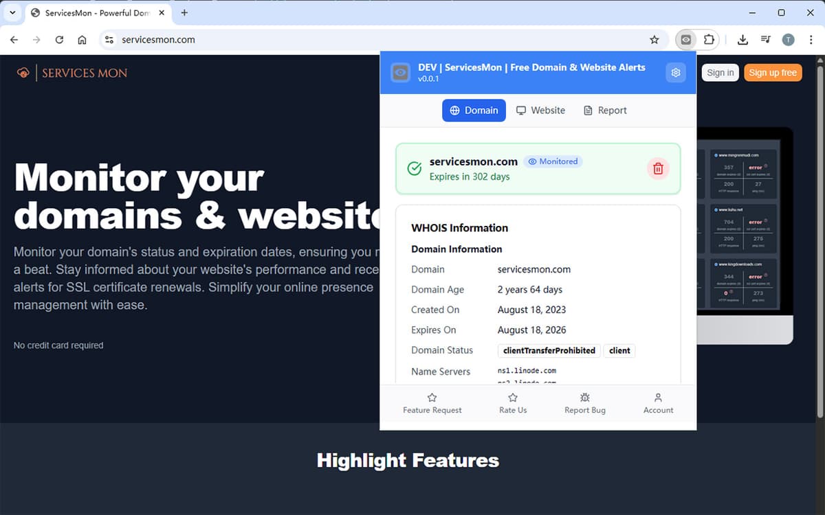 ServicesMon Extension - Dashboard view showing domain status monitoring